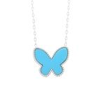 14K White Gold Diamond Butterfly Pendant Necklace, Turquoise Blue Back, 18 Inch Adjustable Chain
