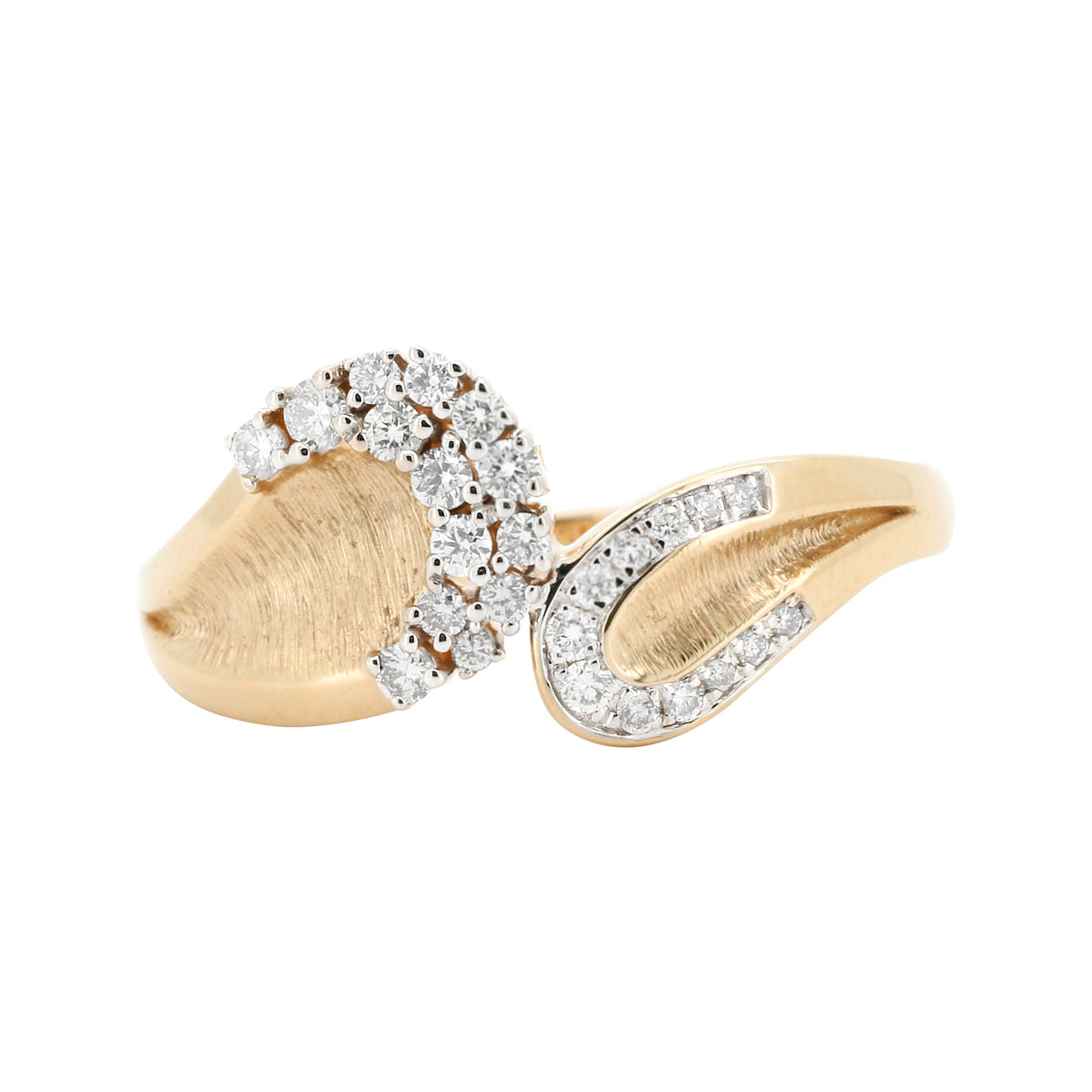 14K Gold Diamond Bypass Ring, Satin Finish Wave Band
