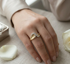 14K Gold Diamond Bypass Ring, Satin Finish Wave Band
