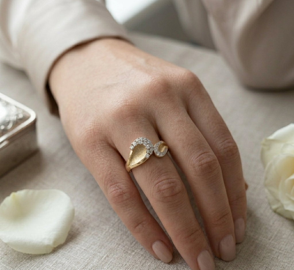 14K Gold Diamond Bypass Ring, Satin Finish Wave Band