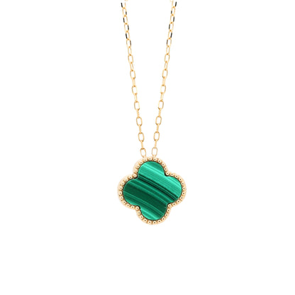 14K Gold Malachite Clover Necklace, Diamond Reversible Pendant