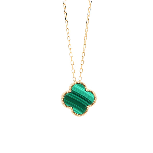 14K Gold Malachite Clover Necklace, Diamond Reversible Pendant