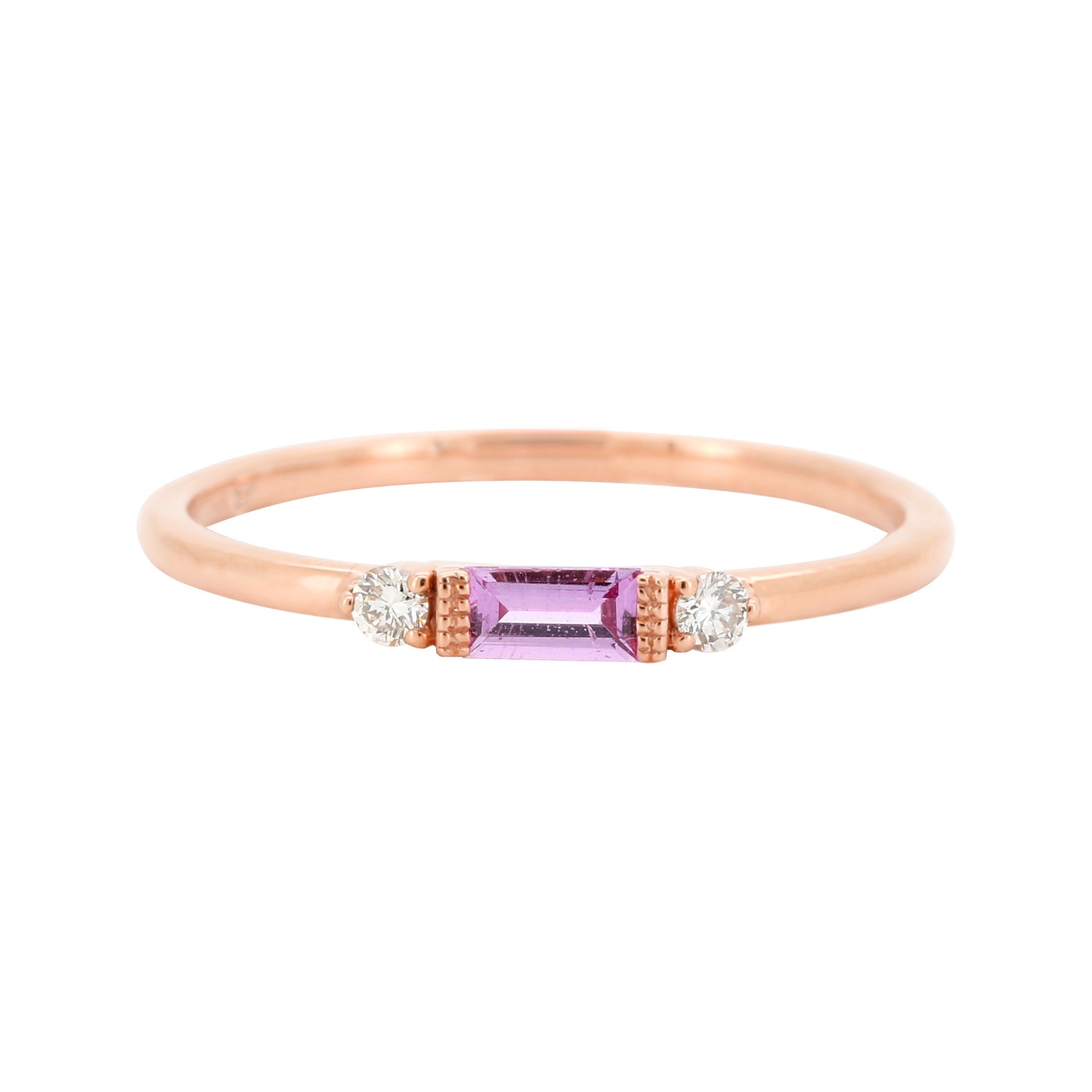 14K Gold Baguette Pink Sapphire Diamond Ring, Minimalist Wedding Band