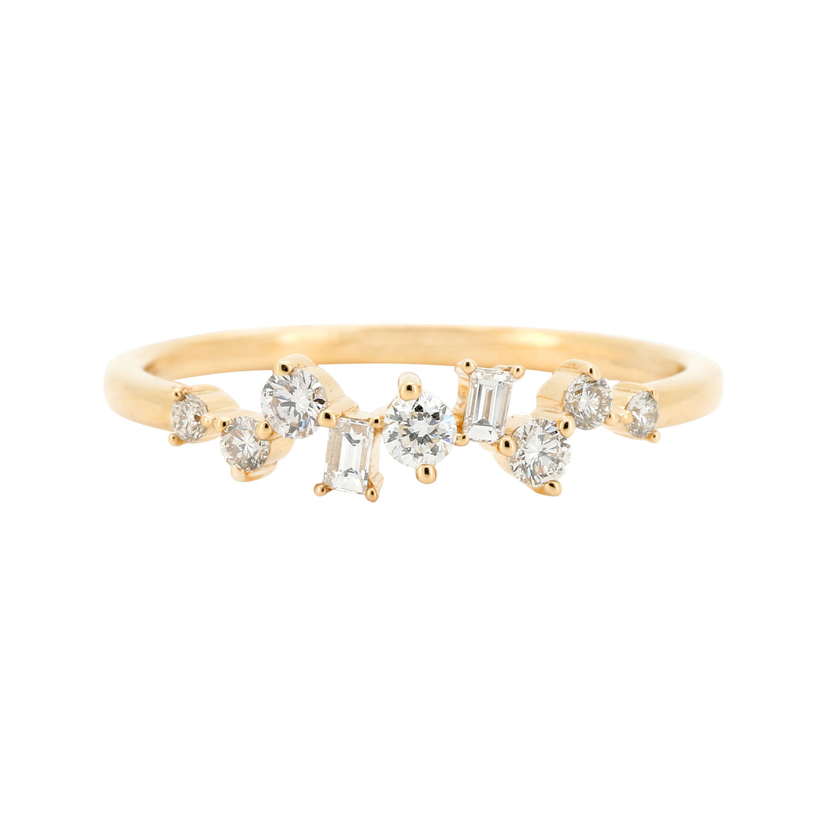14K Yellow Gold Diamond Cluster Ring, Baguette & Round Cut Band