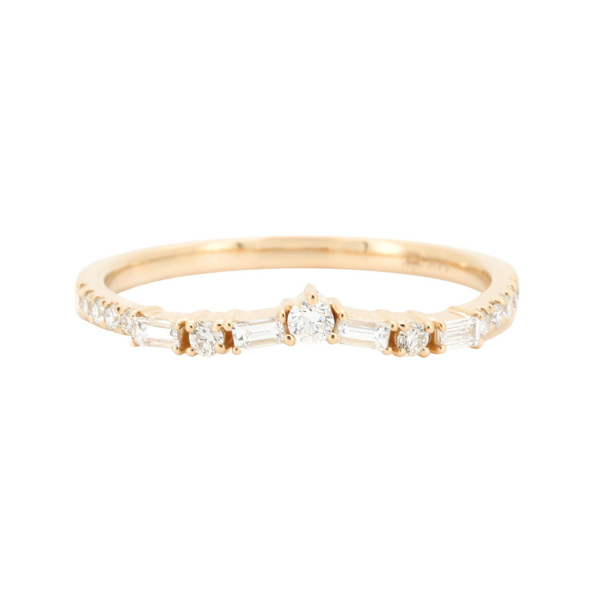 14K Yellow Gold Diamond Wedding Band, Baguette Round Cut Chevron Nesting Ring