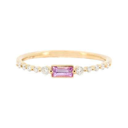 14K Gold Band with Baguette Cut Centre Stone Pink Sapphire/ Red Ruby/ Diamonds and diamond accent dainty Wedding/Anniversary/Promise Ring