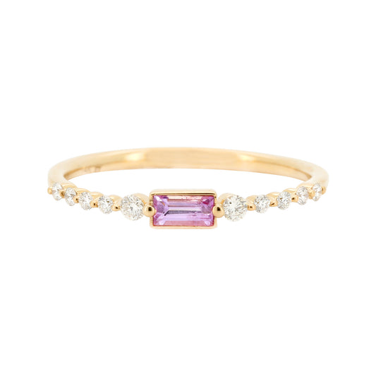 14K Gold Band with Baguette Cut Centre Stone Pink Sapphire/ Red Ruby/ Diamonds and diamond accent dainty Wedding/Anniversary/Promise Ring
