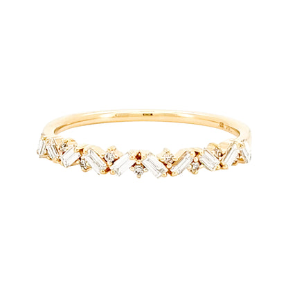 14K Gold Baguette & Round Cut Diamond Ring, Mosaic Cluster Band