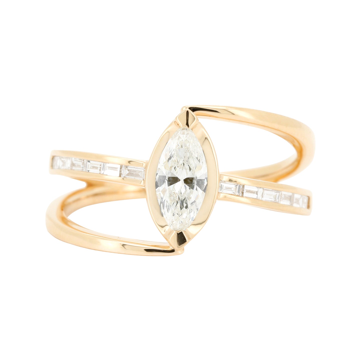 14K Solid Yellow Gold Marquise Diamond Ring Baguette Cut Split Bypass Band Dainty Wedding Jewelry 1/2 CTW Anniversary Gift Her