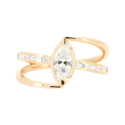 14K Solid Yellow Gold Marquise Diamond Ring Baguette Cut Split Bypass Band Dainty Wedding Jewelry 1/2 CTW Anniversary Gift Her
