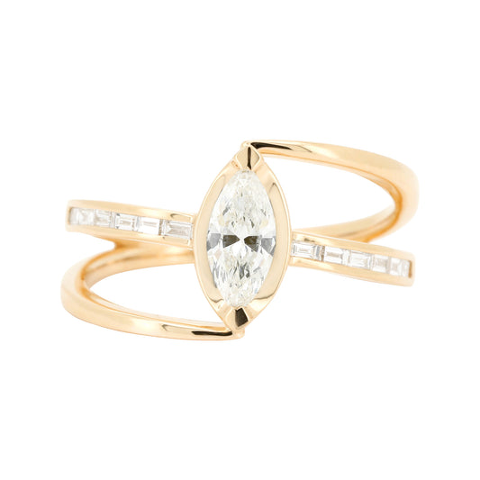 14K Solid Yellow Gold Marquise Diamond Ring Baguette Cut Split Bypass Band Dainty Wedding Jewelry 1/2 CTW Anniversary Gift Her