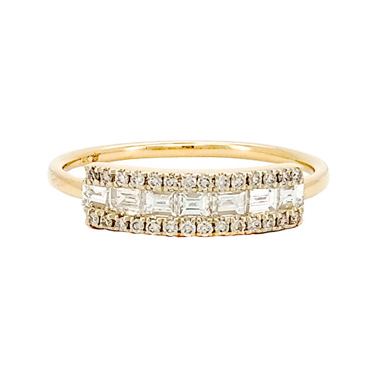14K Solid Yellow Gold Baguette Diamond Ring Round Cut Cluster Band Dainty Art Deco Wedding Jewelry Minimalist Stacking Anniversary Gift