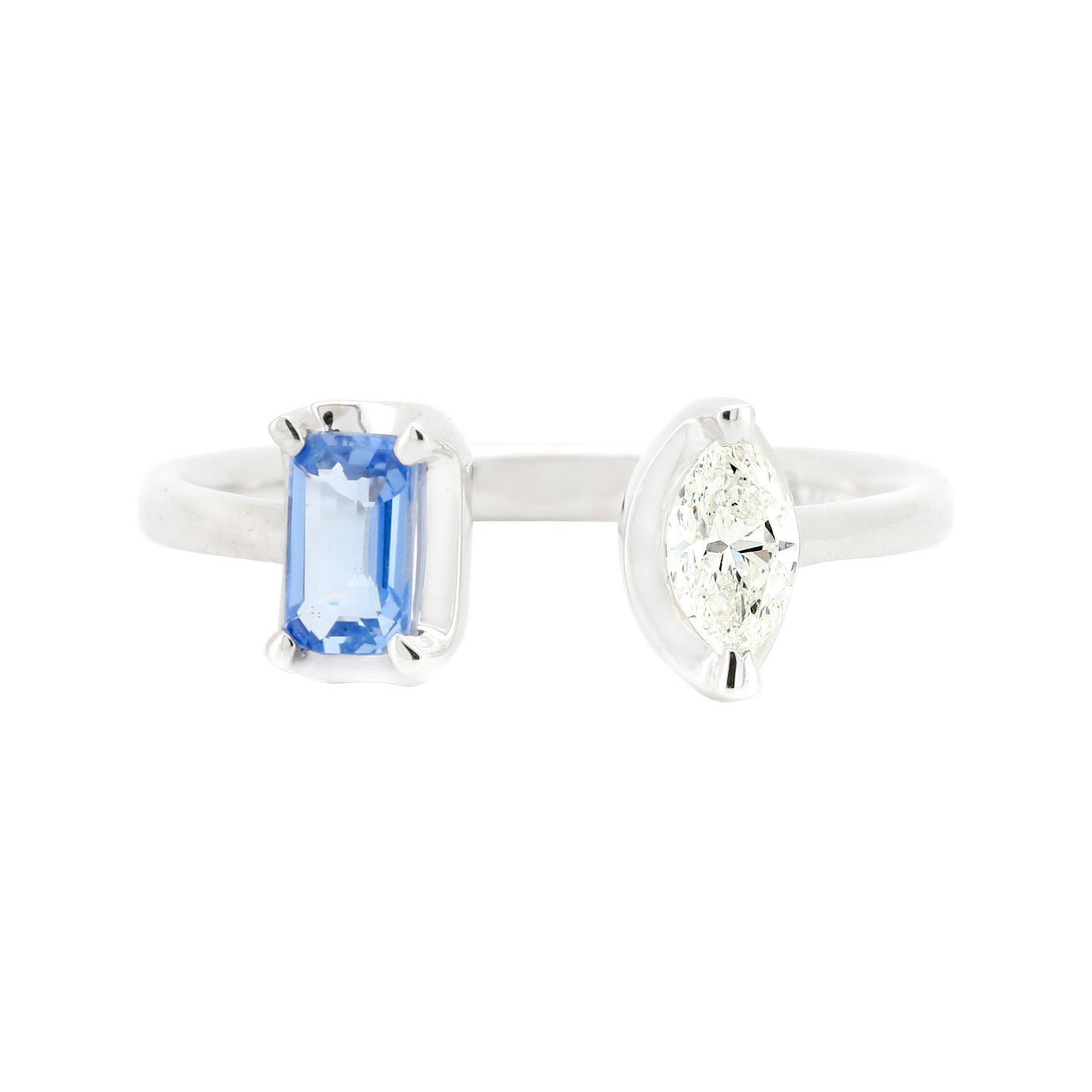 14K Solid White Gold Toi et Moi Ring Emerald Cut Blue Sapphire Marquise Diamond Open Cuff Band Modern Wedding Anniversary Gift For Her