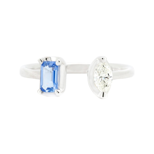 14K Solid White Gold Toi et Moi Ring Emerald Cut Blue Sapphire Marquise Diamond Open Cuff Band Modern Wedding Anniversary Gift For Her