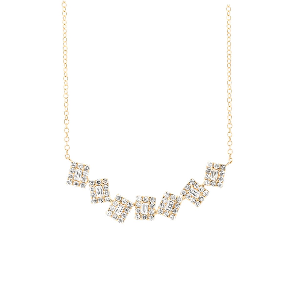 14K Gold Natural Diamond Geometric Seven Square Halo Station Necklace – 2/5 CTW Baguette & Round Cut Diamonds
