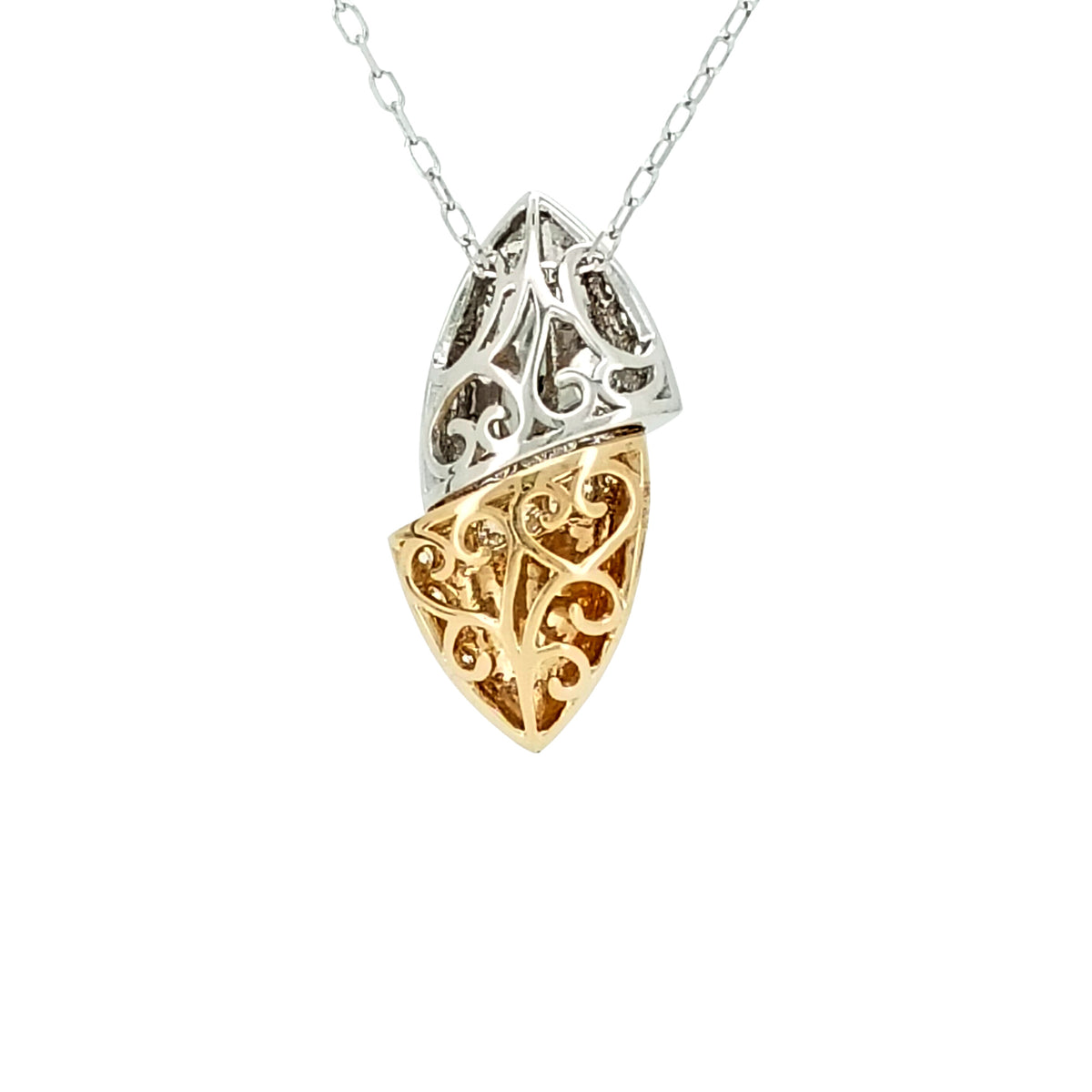 14K Two Tone Gold Natural Diamond Necklace, 1/5 CTW Marquise Leaf Pendant, 18 Inch Adjustable Chain, Geometric Fine Jewelry