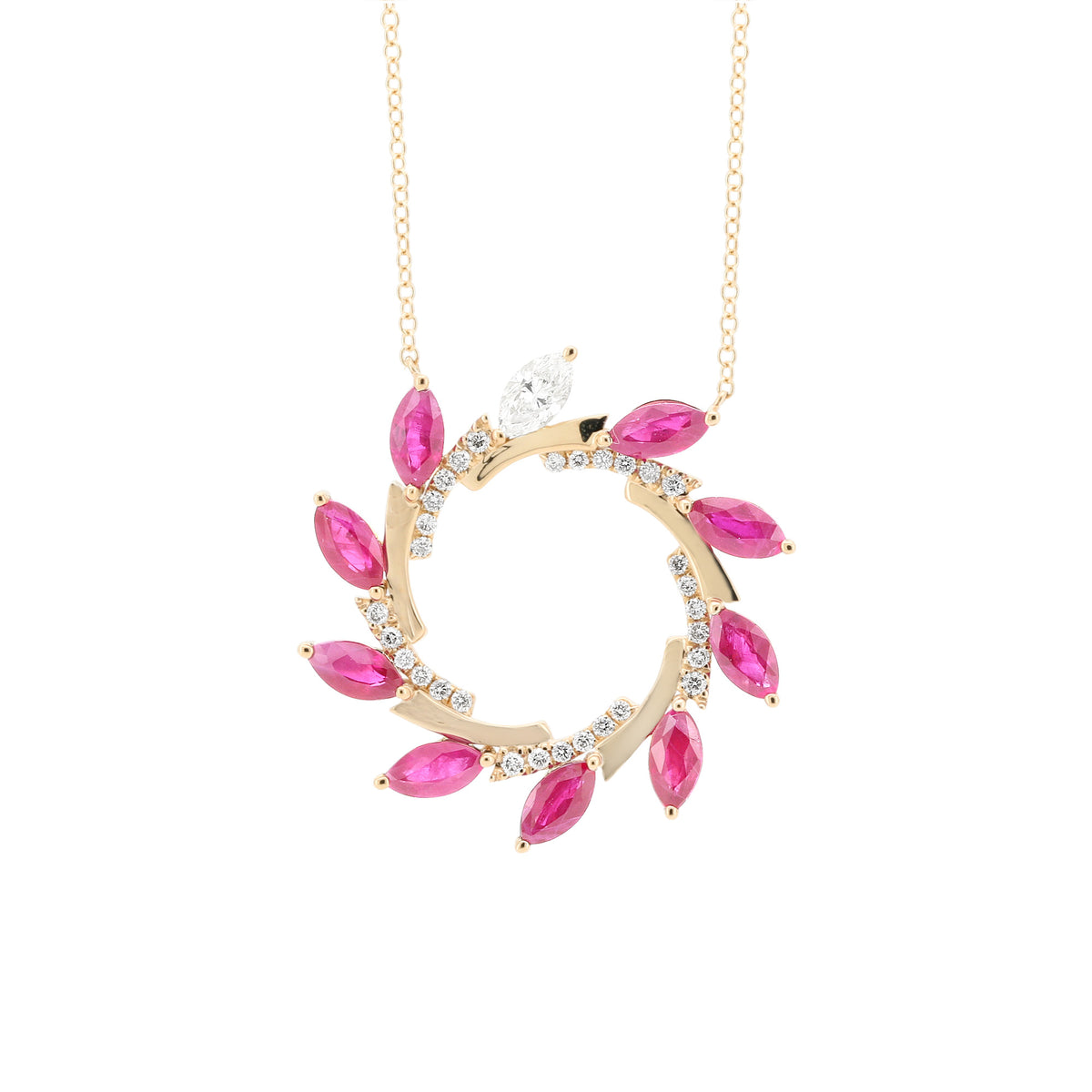 14K Gold Natural Ruby Diamond Pendant Necklace, Floral Wreath Design, 18-Inch Adjustable Chain