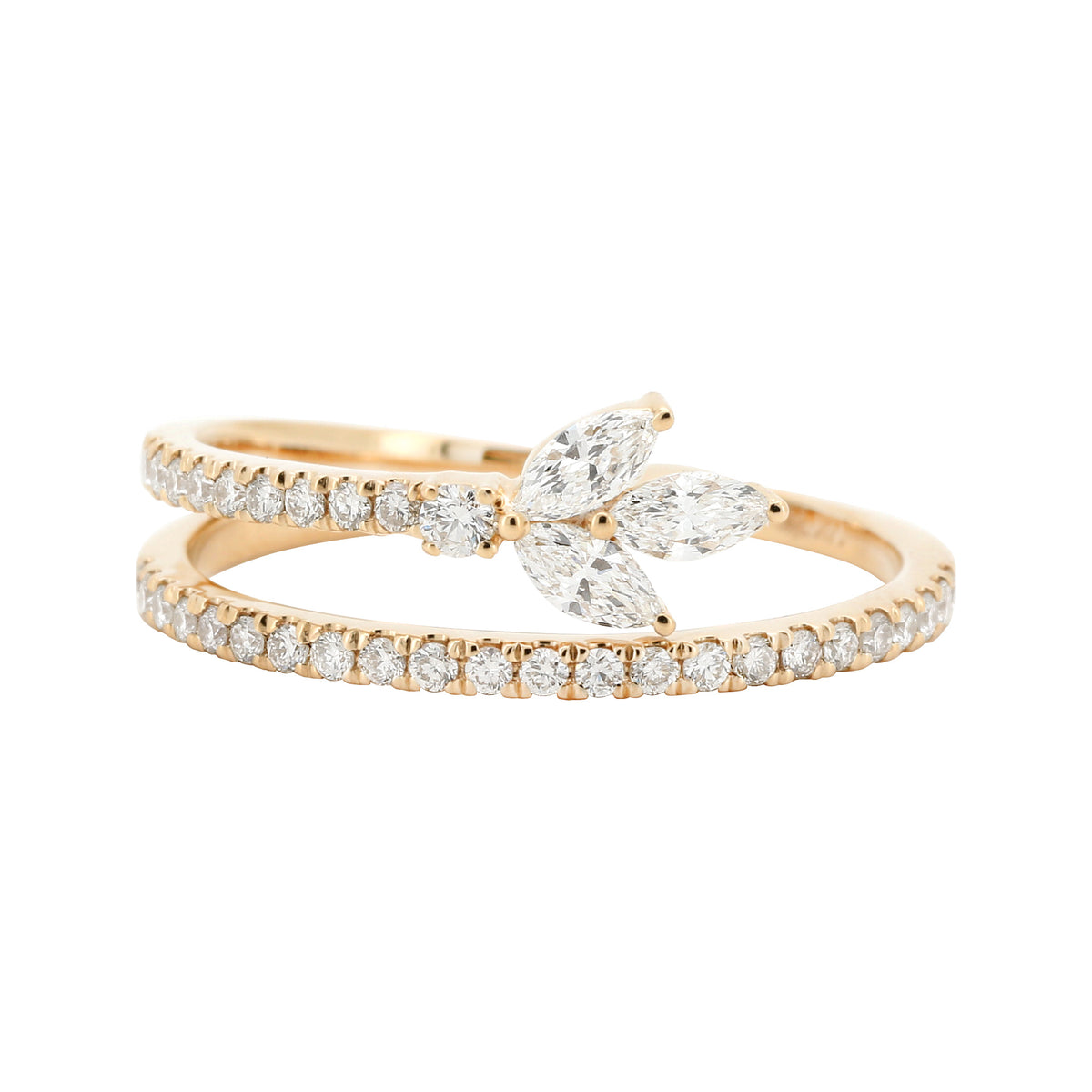 14K Yellow Gold Marquise Diamond Ring, 2/5 CTW Floral Three Stone Band, Dainty Leaf Design