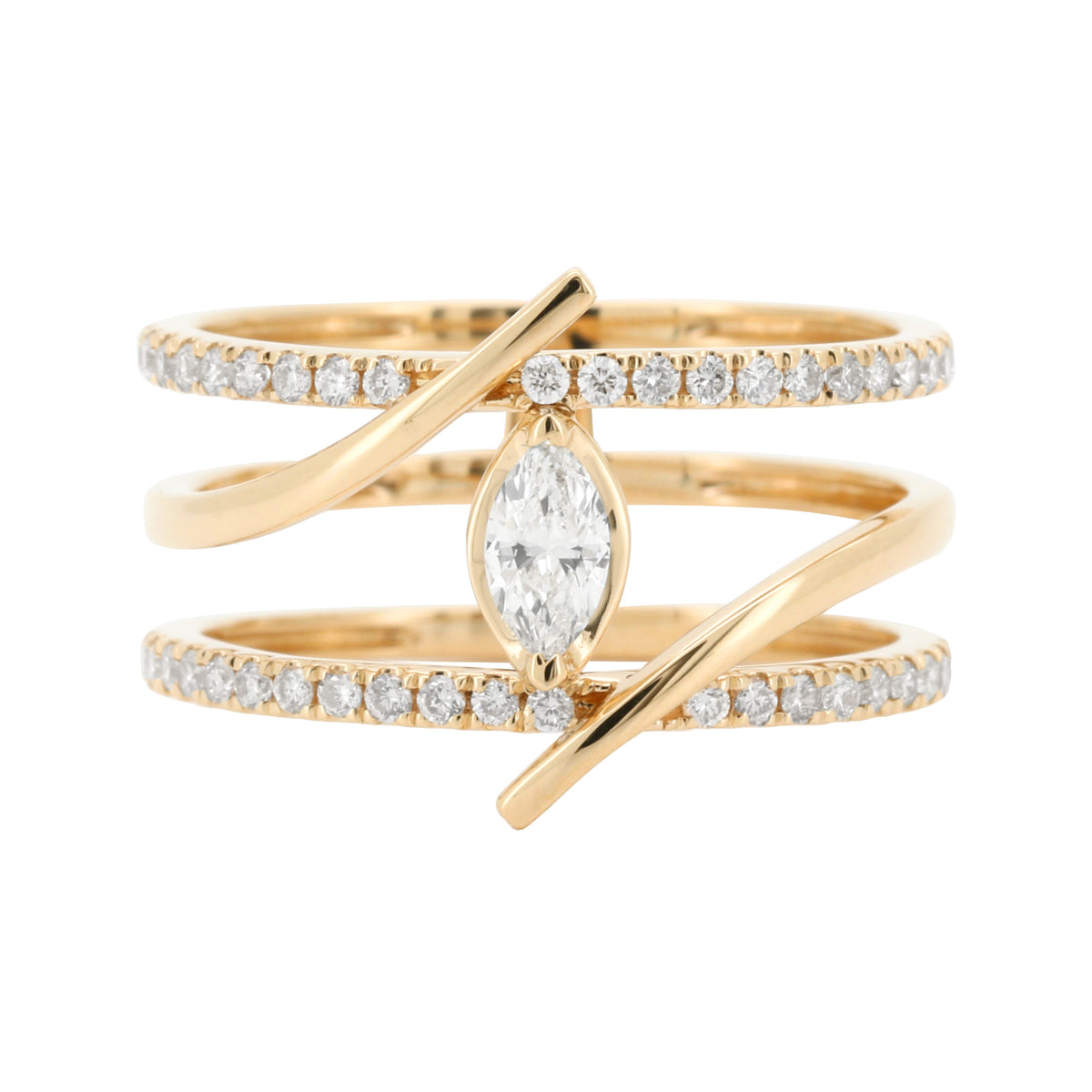 14K Yellow Gold Marquise & Round Cut Diamond Ring, 1/2 CTW Crossover Band