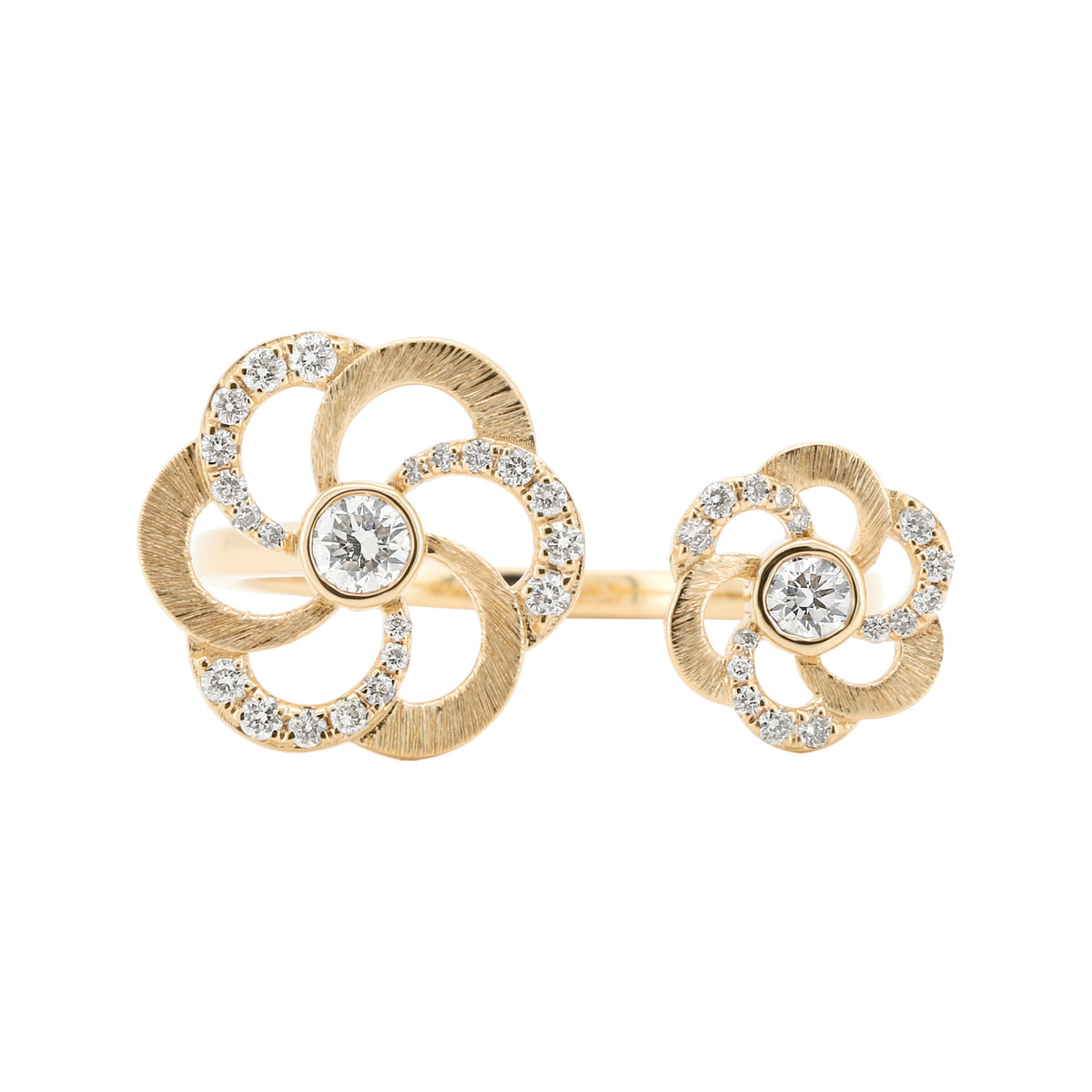 14K Yellow Gold Floral Diamond Ring, Asymmetrical Double Flower Design (3/10 CTW)