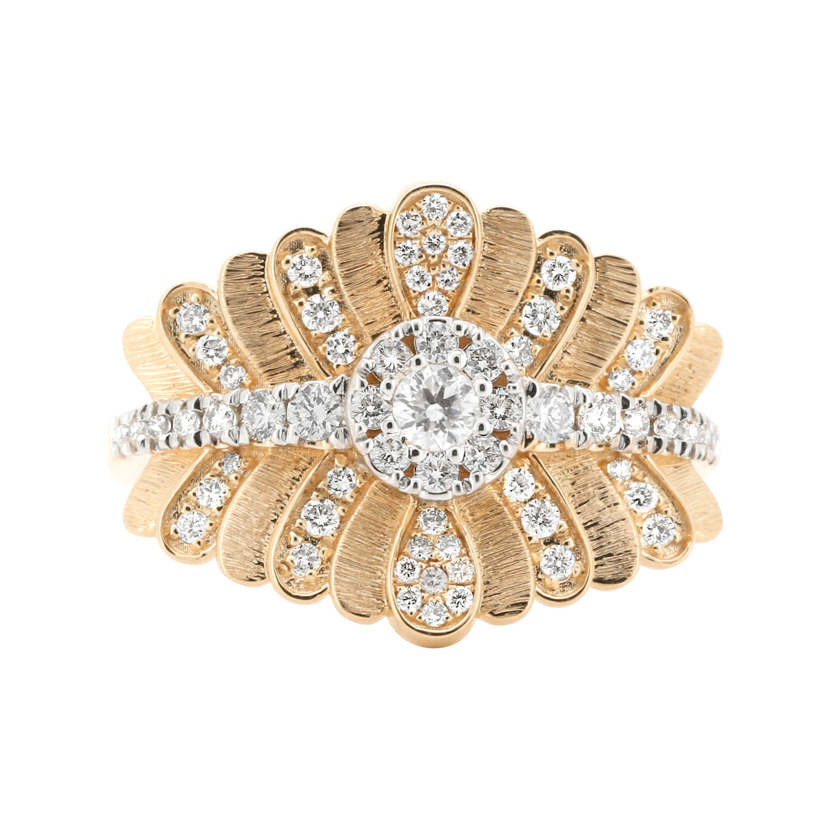 14K Yellow Gold Natural Diamond Floral Ring – 1/2 CTW | Vintage Inspired Sunburst Halo Statement Jewelry