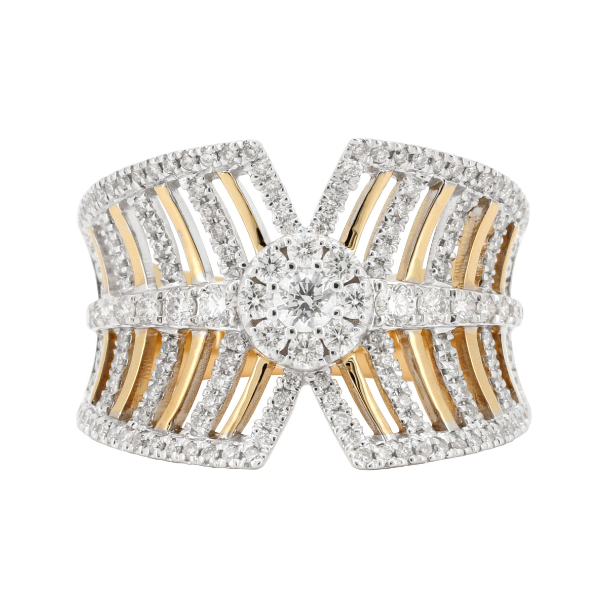 14K Yellow Gold Natural Diamond Statement Ring – 7/10 CTW | Two Tone Geometric Halo Wide Band