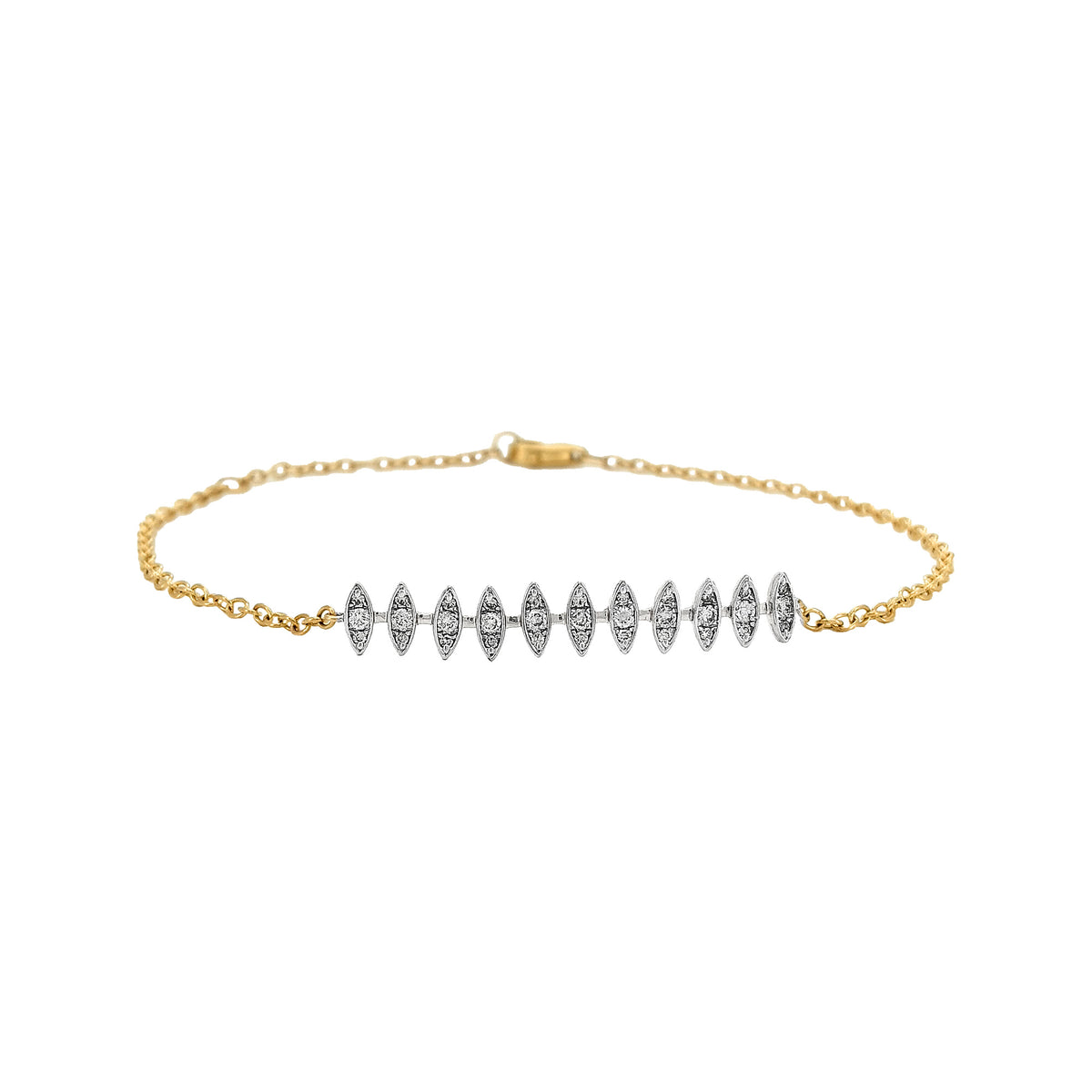 14K Yellow Gold Bracelet, Natural Round-Cut Diamonds, Marquise Leaf Station