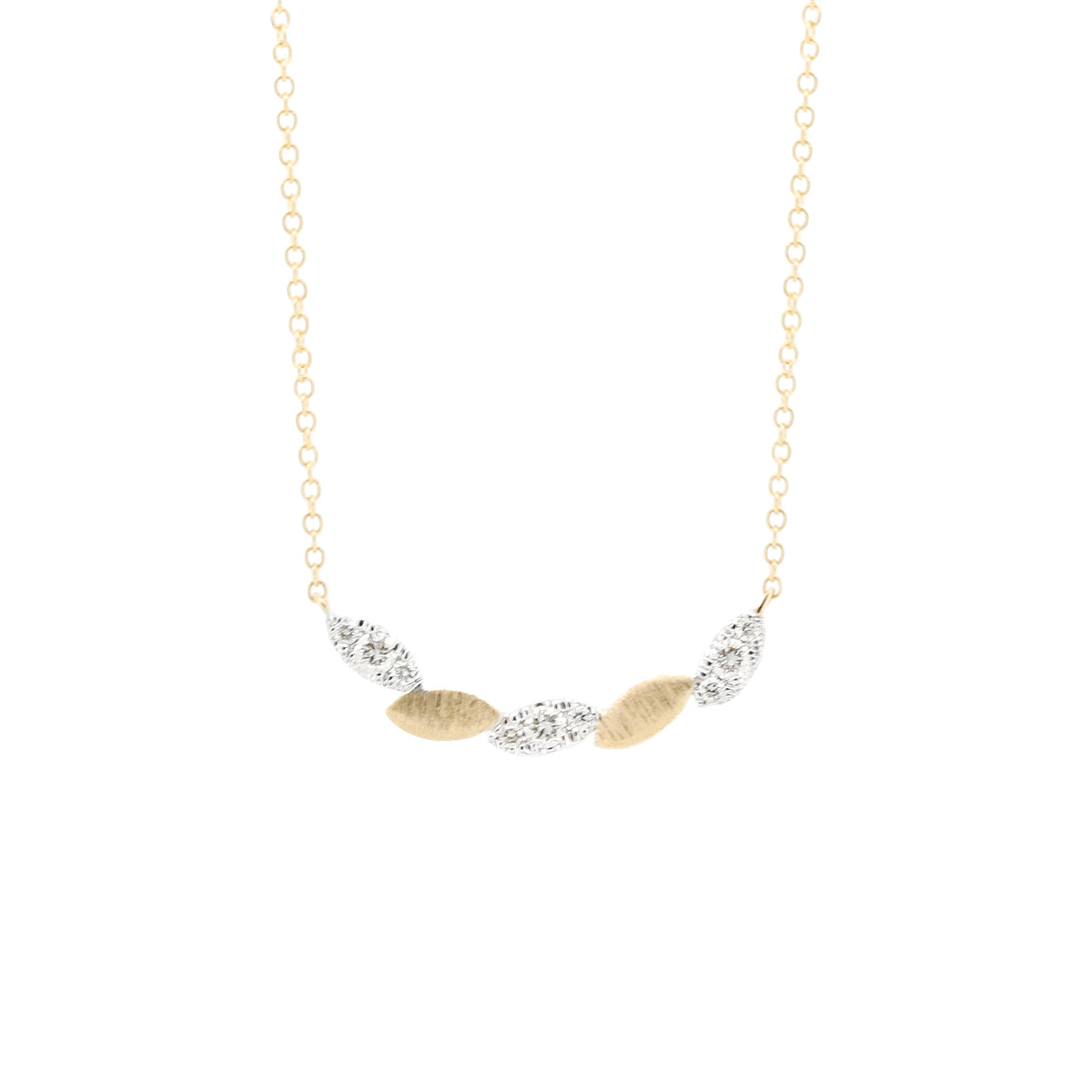 14K Two Tone Gold Natural Diamond Necklace, 1/10 CTW Marquise Leaf Station Pendant, 18 Inch Adjustable Chain, Dainty Fine Jewelry Gift