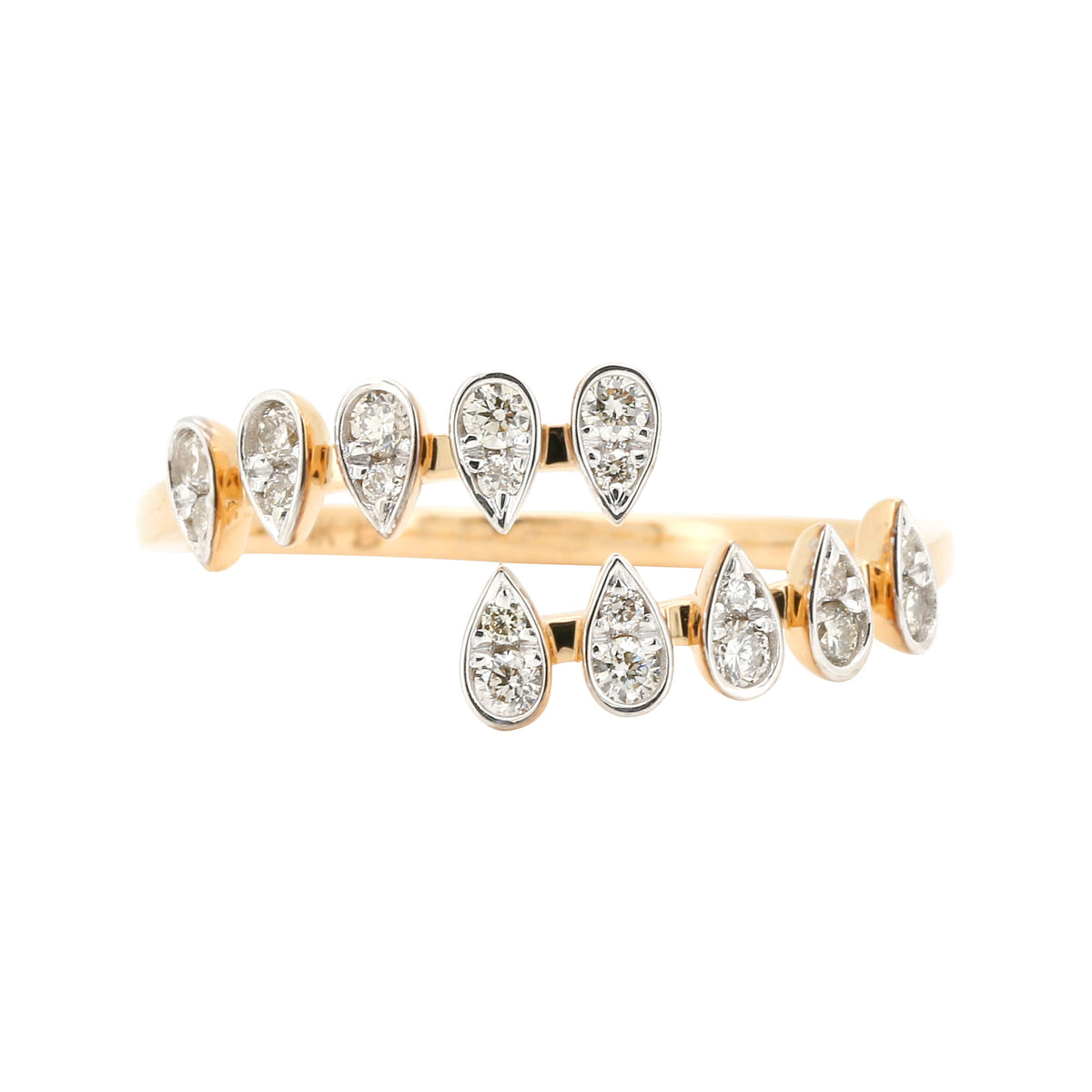 14K Yellow Gold Pear Diamond Cluster Ring, Open Bypass Wrap Band, Dainty Modern Jewelry