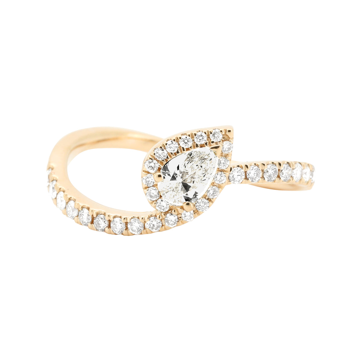 14K Yellow Gold Pear Diamond Halo Ring, 1/2 CTW Bypass Band, Dainty Bridal Jewelry