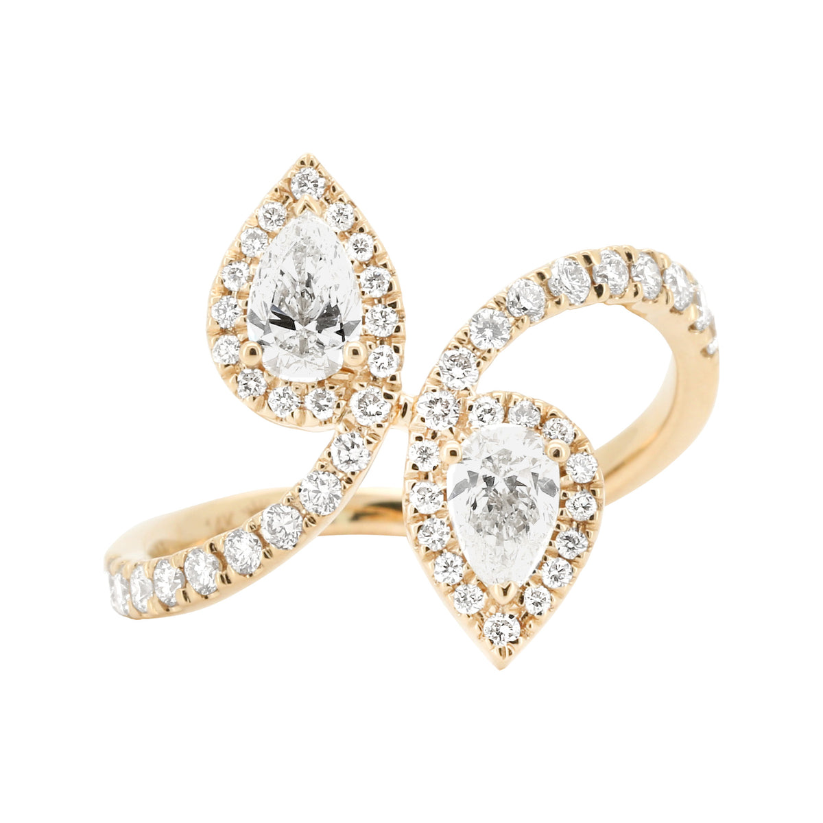 14K Yellow Gold Pear Diamond Bypass Ring, 1 CTW Halo Design, Anniversary Gift
