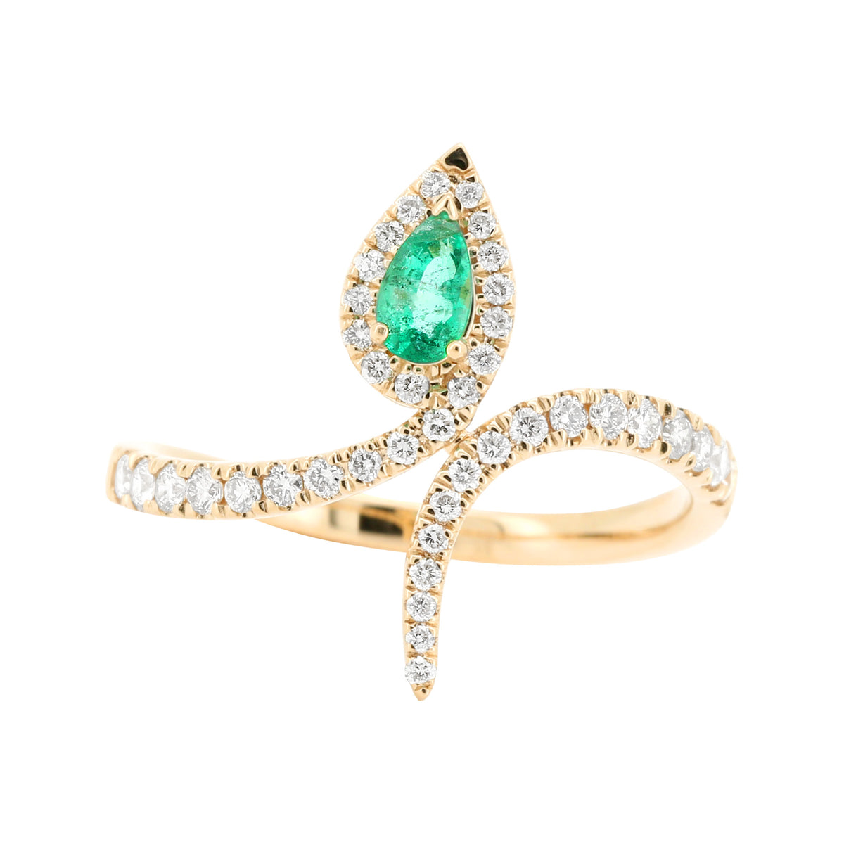 14K Yellow Gold Pear Cut Emerald & Natural Diamond Ring | Green Gemstone Halo Bypass Wrap Ring