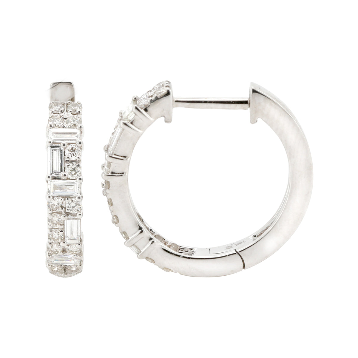 14K White Gold Baguette & Round Diamond Hoop Earrings (1/2 CTW)