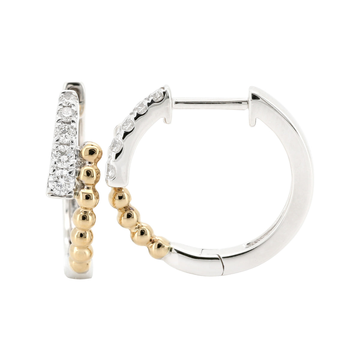 14K Two-Tone Gold Diamond Hoop Earrings, 1/5 CTW Round Cut, Beaded Accent