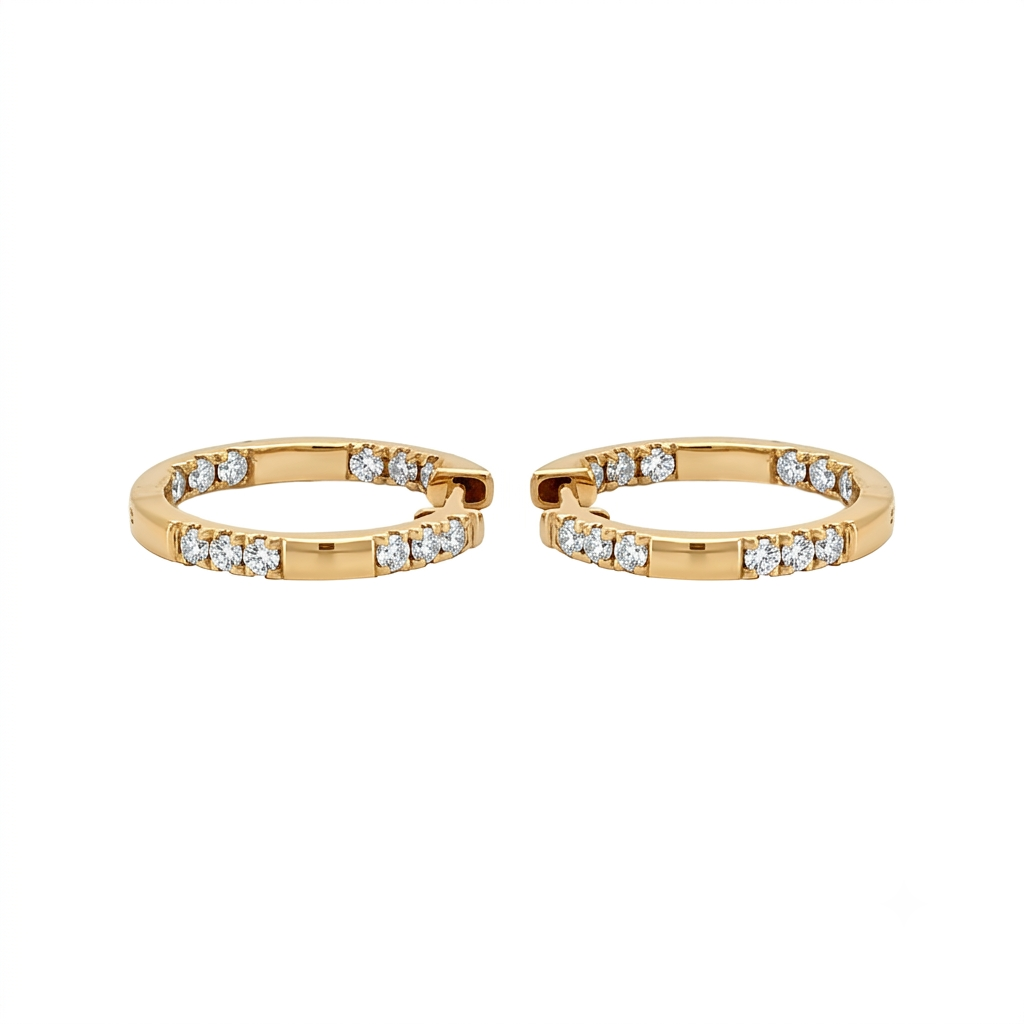 14K Yellow Gold Diamond Hoop Earrings, 3/10 CTW Round Cut, Alternating Pave Design