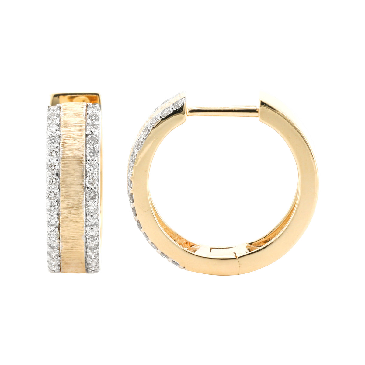14K Yellow Gold Brushed Diamond Hoop Earrings, 3/10 CTW Round Cut (Pair)