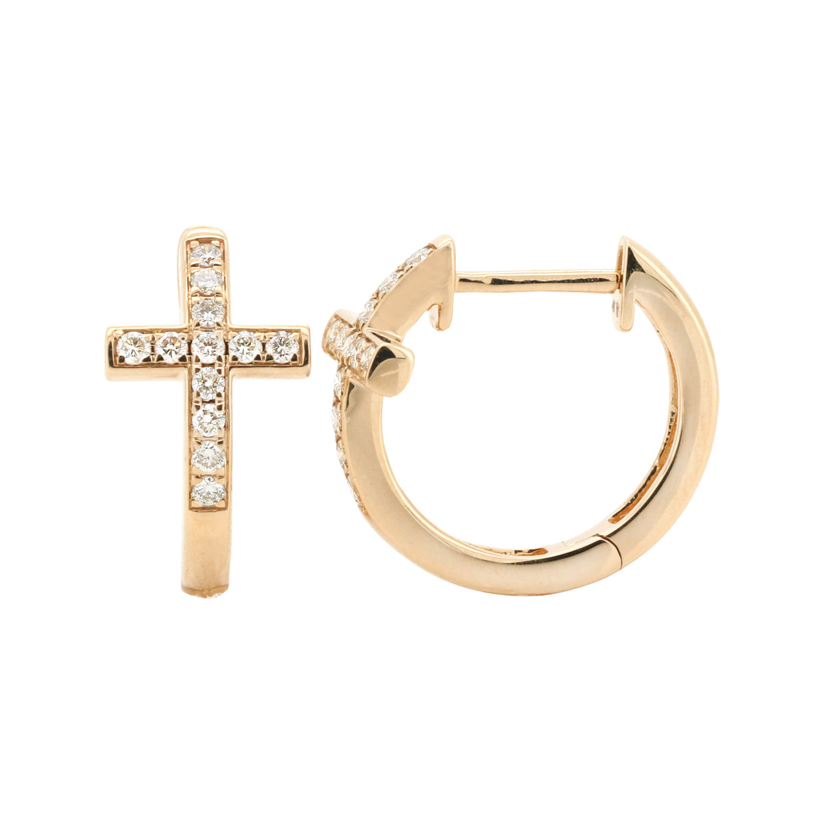 14K Yellow Gold Holy Cross Diamond Hoop Earrings (1/5 CTW Round Cut)