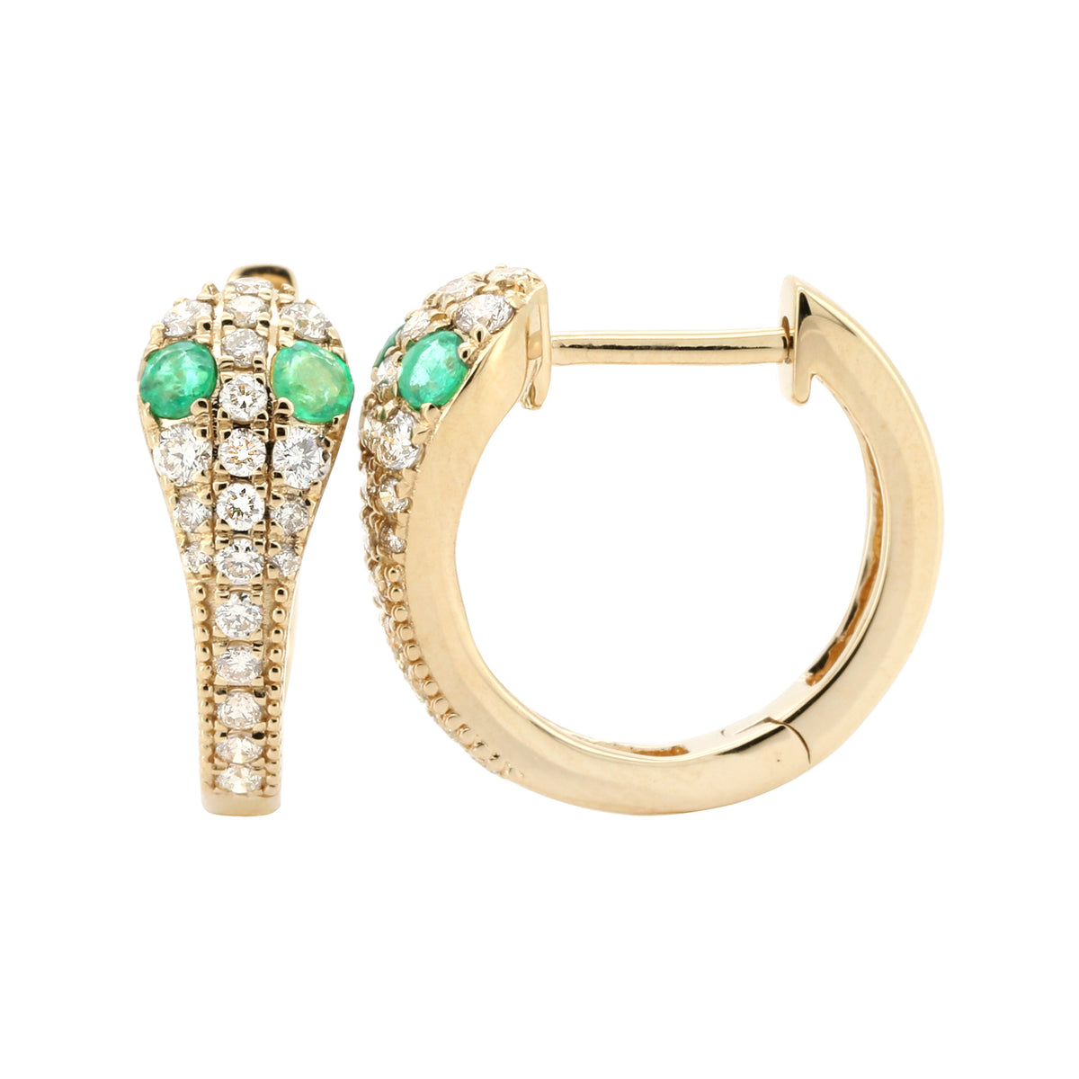 14K Yellow Gold Snake Hoop Earrings with Emerald Eye, Diamond Accents