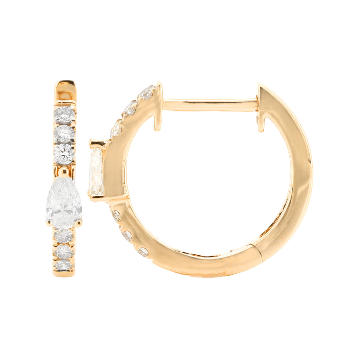 14K Yellow Gold Pear Diamond Hoop Earrings 2/5 CTW Round Brilliant Huggie Fine Jewelry Gift for Her
