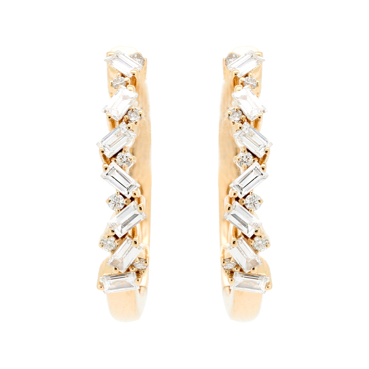 14K Yellow Gold Baguette Diamond Hoop Earrings, Geometric Mixed-Cut Design (1/5 CTW)
