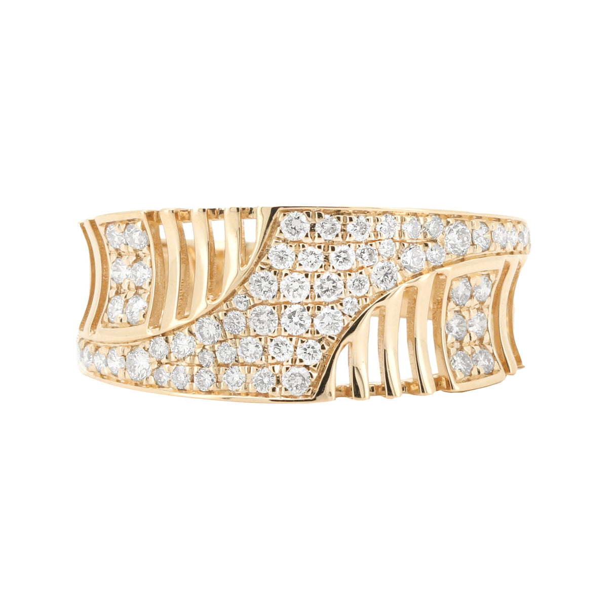 14K Yellow Gold Natural Diamond Wide Band Ring – 1/2 CTW | Geometric Crossover Statement Jewelry