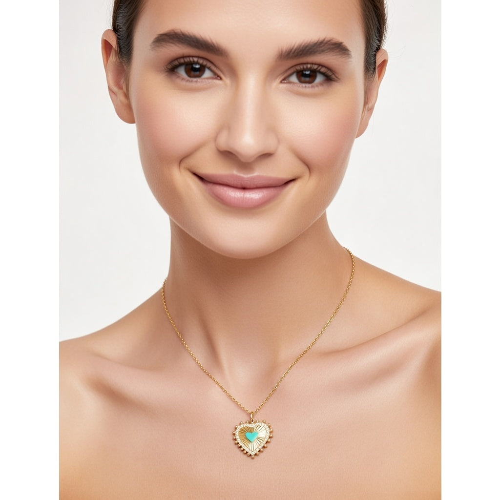 14k Gold Heart Necklace, Diamond Halo, Turquoise Enamel Pendant