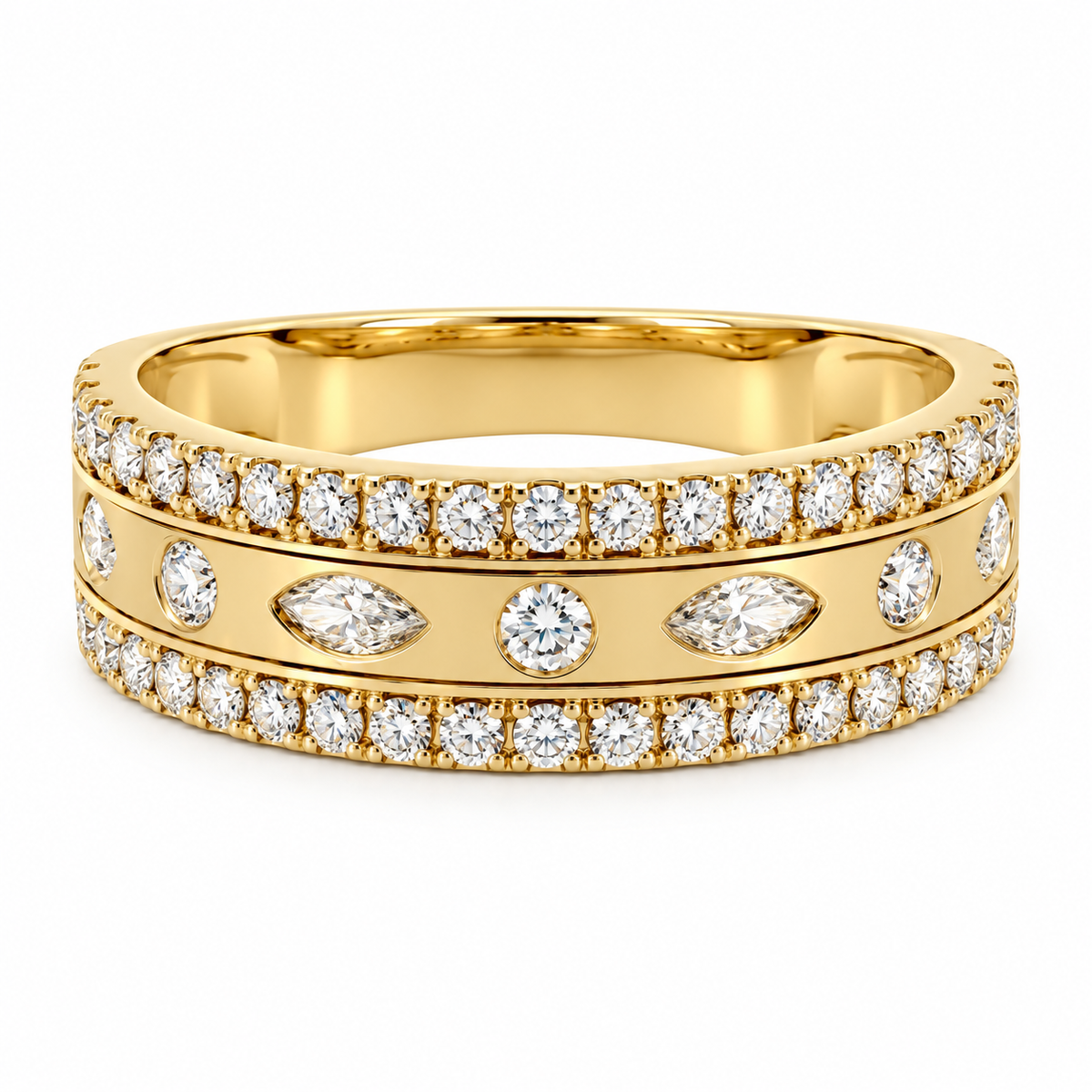 14K Yellow Gold Marquise Round Diamond Ring, Wide Band, 3/5 CTW (Sara Fine Jewels)