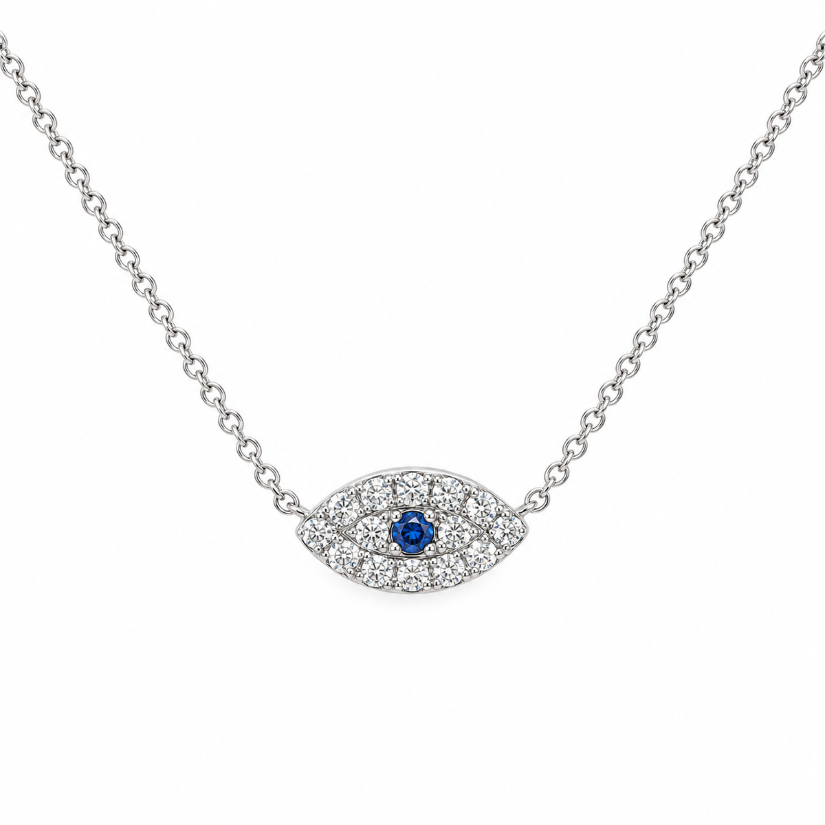 14K White Solid Gold Natural Diamond Evil Eye Pendant Necklace | Dainty Gift