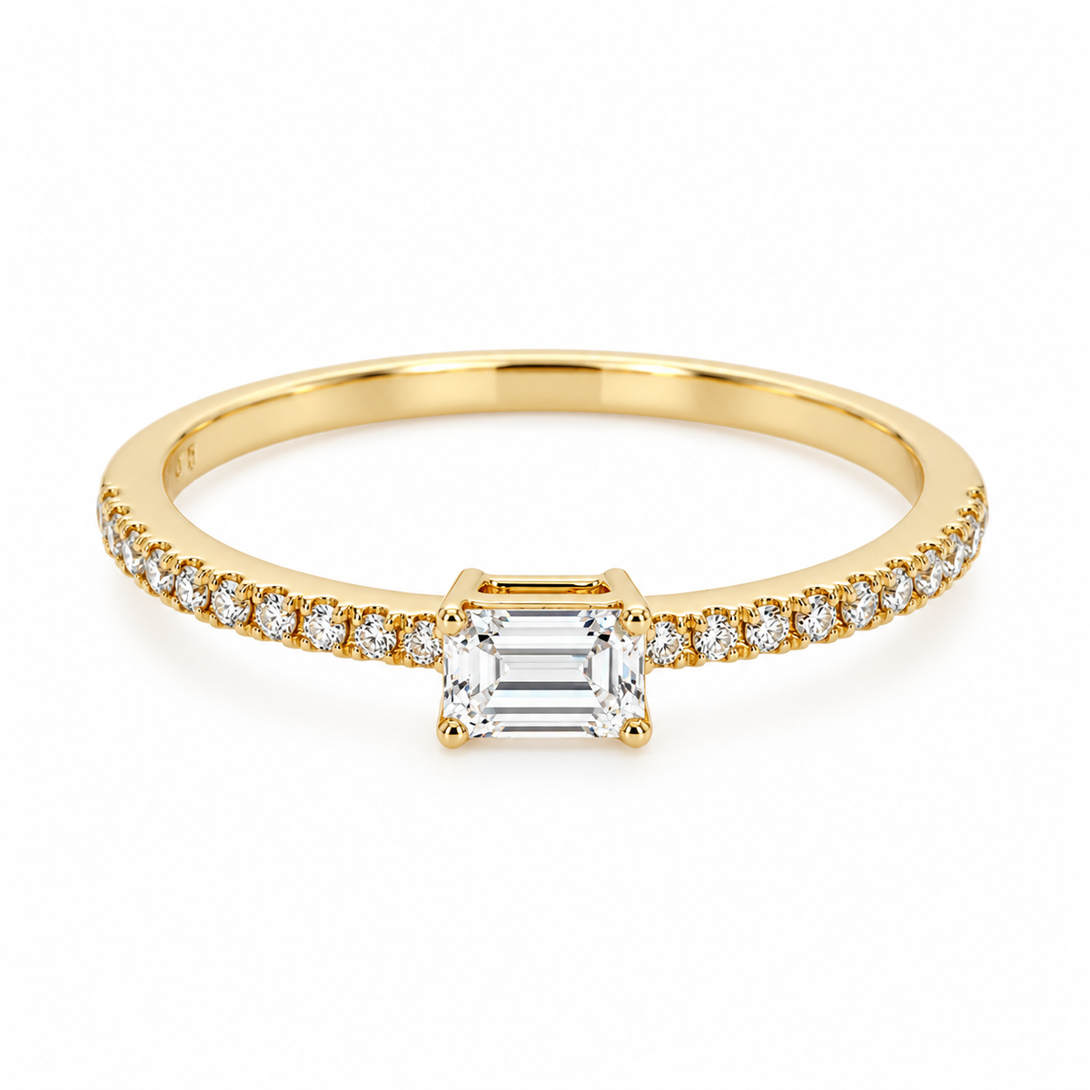 14k Yellow Gold Emerald Cut Diamond Ring, Minimalist Pavé Band