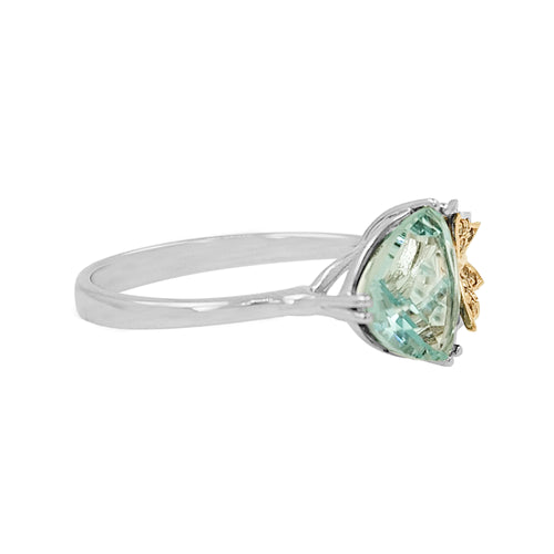 14K Gold Aquamarine Butterfly Ring | Trillion Cut | Light Brown Diamond Accent