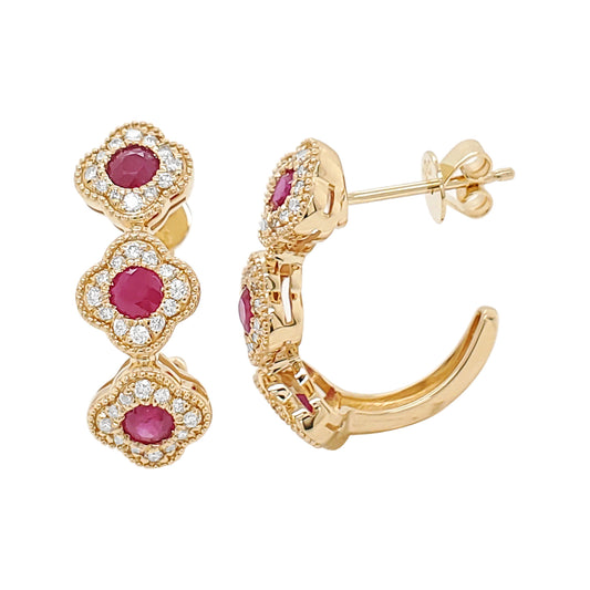 14K Yellow Gold Ruby & Diamond Earrings Natural Red Gemstone Flower Hoops Quatrefoil July Birthstone Jewelry Vintage Style Luxury Gift
