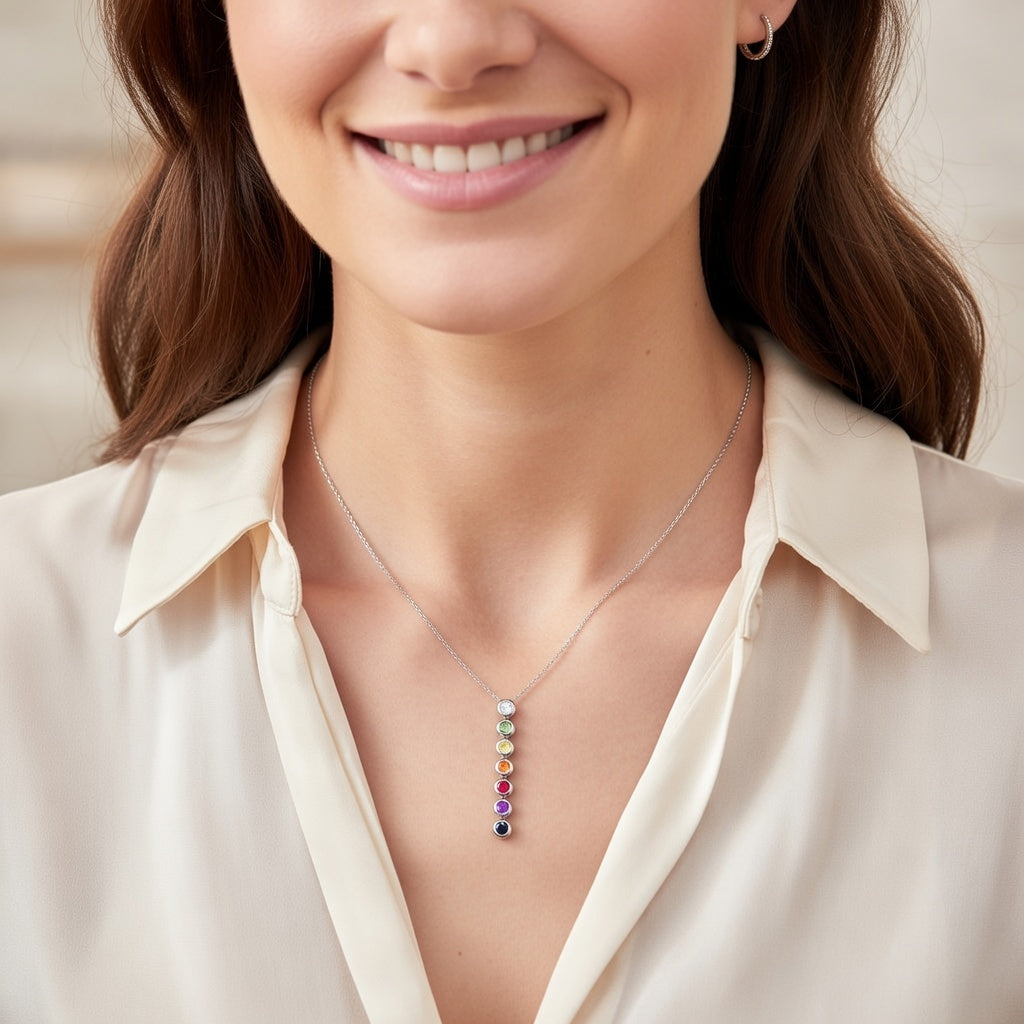 14K White Gold Rainbow Sapphire Necklace, Vertical Bezel Pendant