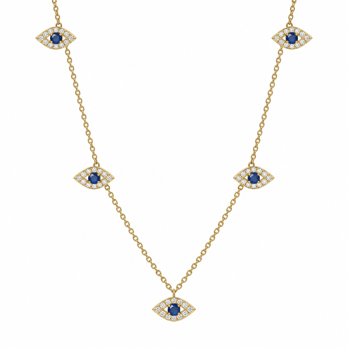 14K Yellow Gold Five Evil Eye Necklace | Blue Sapphire & Natural Diamond Charms | Dainty Protection Jewelry | Sara Fine Jewels