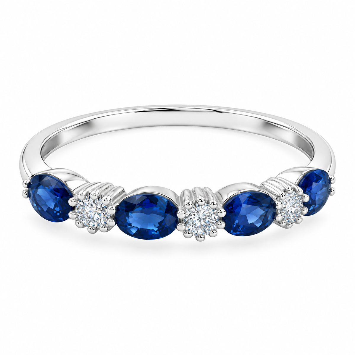 14K White Gold Oval Shape Blue Sapphire & Round Cut Diamond Ring,  Gemstone Bridal Engagement Jewelry, Elegant Anniversary Gift